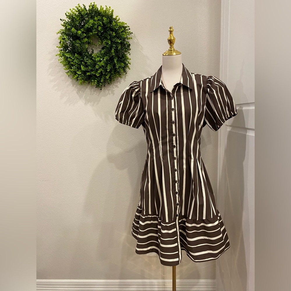 Brown and Cream Striped Button-Front Puff Sleeve Dress
